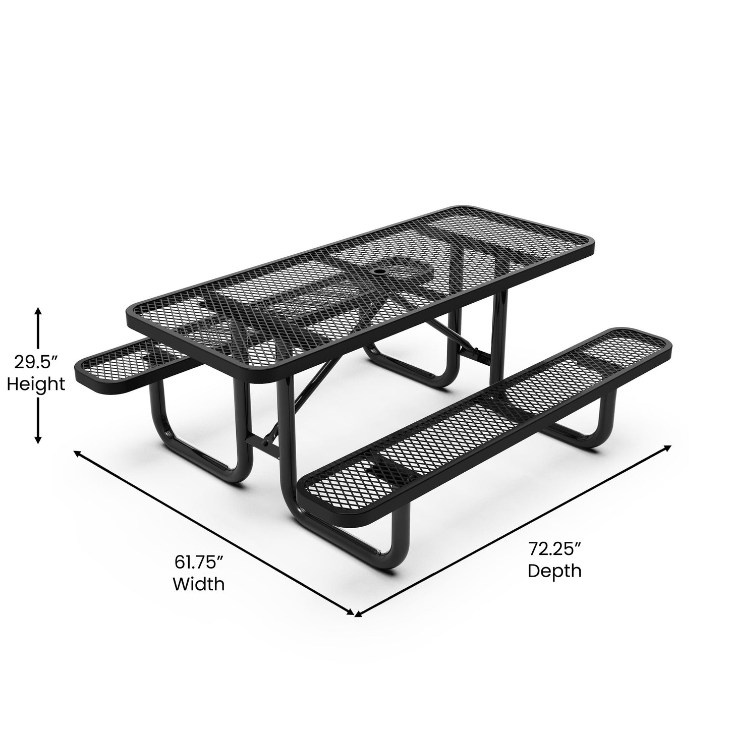 Mantilla 6' Rectangular Outdoor Picnic Table with Commercial Heavy Gauge Expanded Metal Mesh Top and Seats and Steel Frame in Black Black