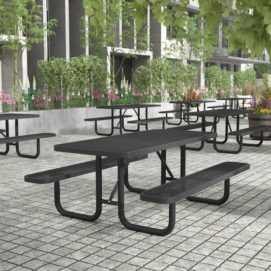 Mantilla 6' Rectangular Outdoor Picnic Table with Commercial Heavy Gauge Expanded Metal Mesh Top and Seats and Steel Frame in Black Black