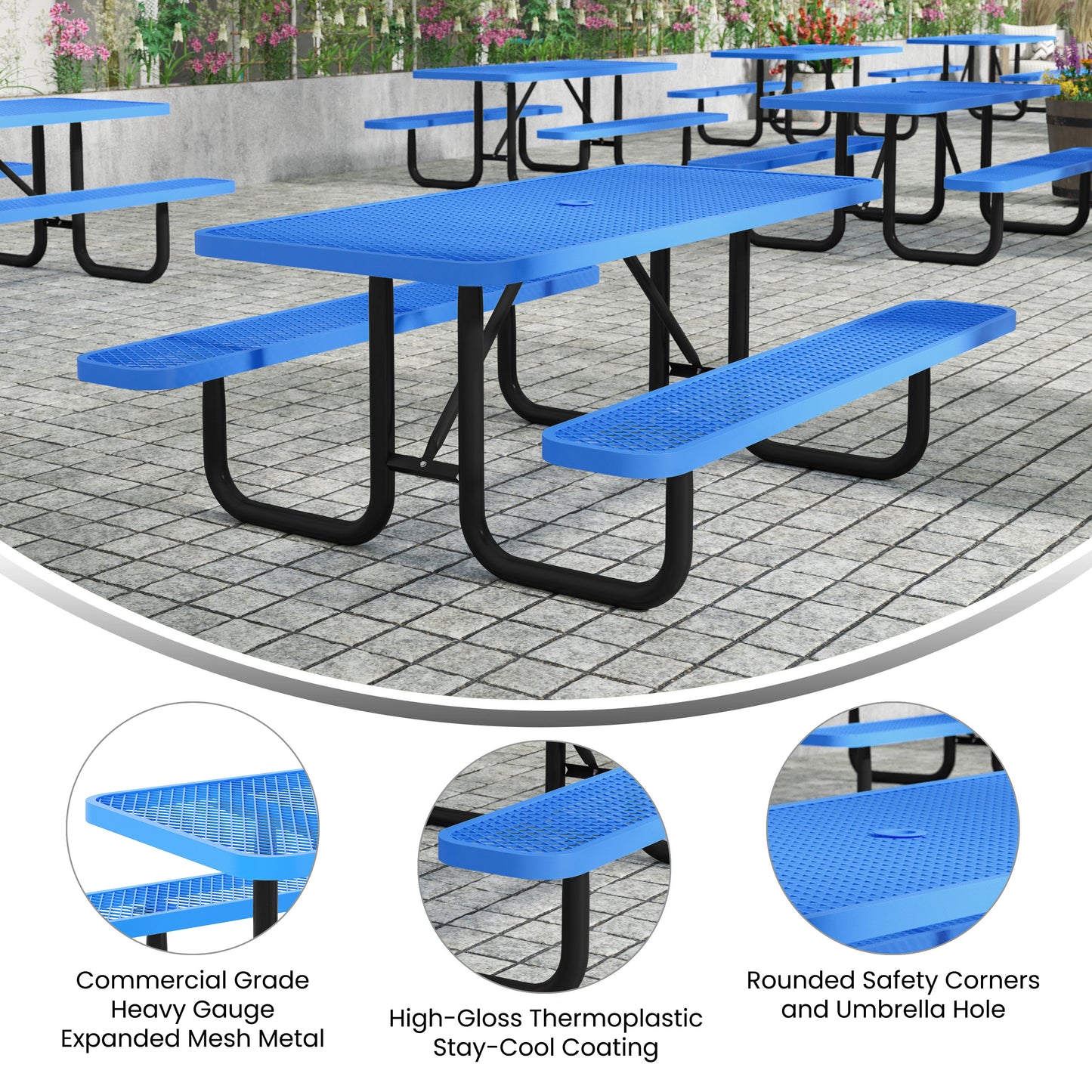 Mantilla 6' Rectangular Outdoor Picnic Table with Commercial Heavy Gauge Expanded Metal Mesh Top and Seats and Steel Frame in Blue Blue