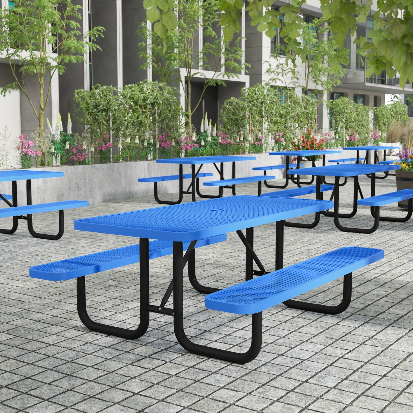 Mantilla 6' Rectangular Outdoor Picnic Table with Commercial Heavy Gauge Expanded Metal Mesh Top and Seats and Steel Frame in Blue Blue