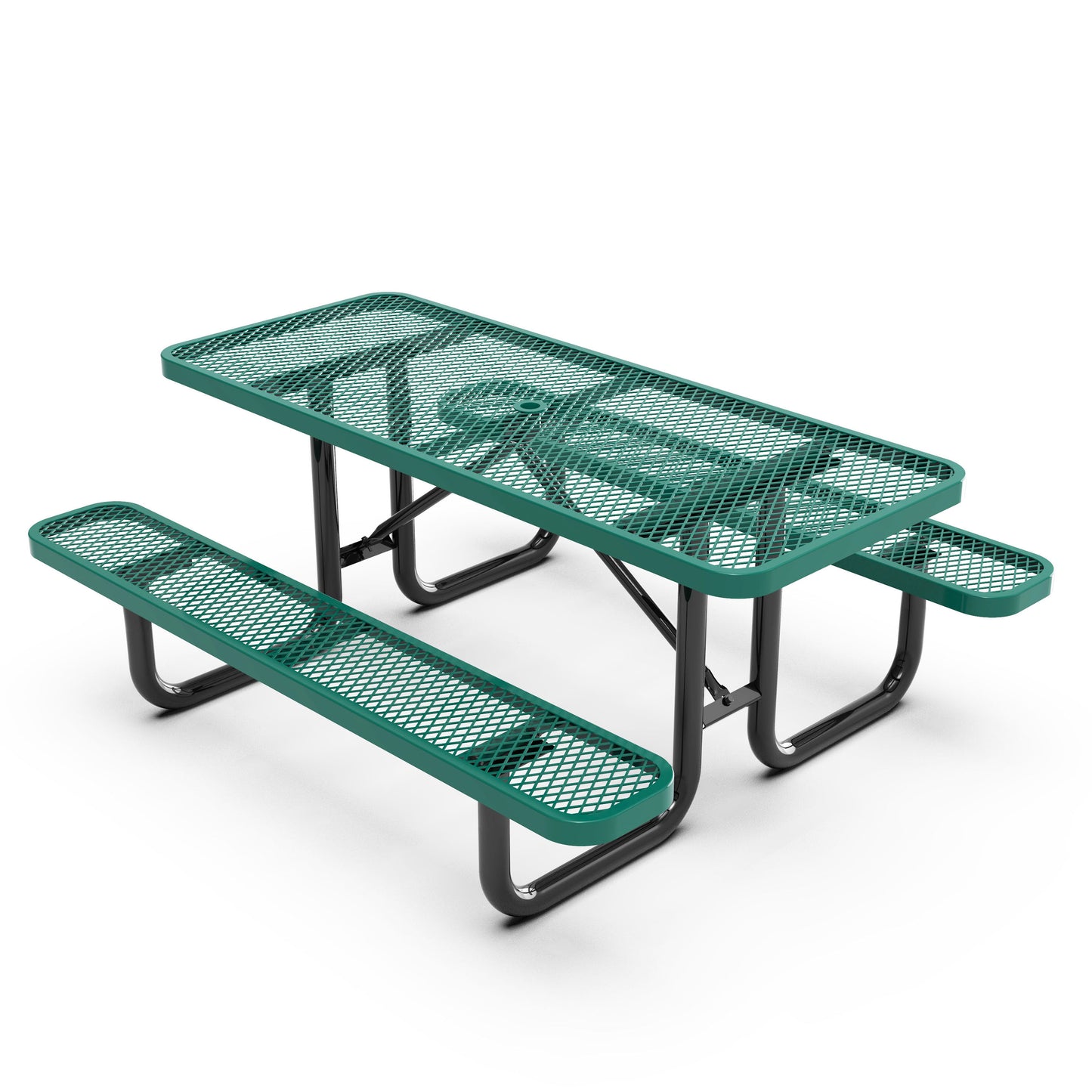 Mantilla 6' Rectangular Outdoor Picnic Table with Commercial Heavy Gauge Green Expanded Metal Mesh Top and Seats and Black Steel Frame Green