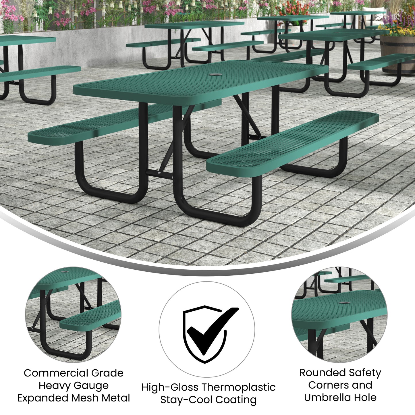 Mantilla 6' Rectangular Outdoor Picnic Table with Commercial Heavy Gauge Green Expanded Metal Mesh Top and Seats and Black Steel Frame Green