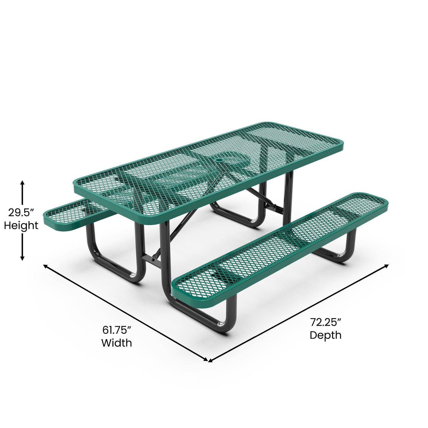 Mantilla 6' Rectangular Outdoor Picnic Table with Commercial Heavy Gauge Green Expanded Metal Mesh Top and Seats and Black Steel Frame Green