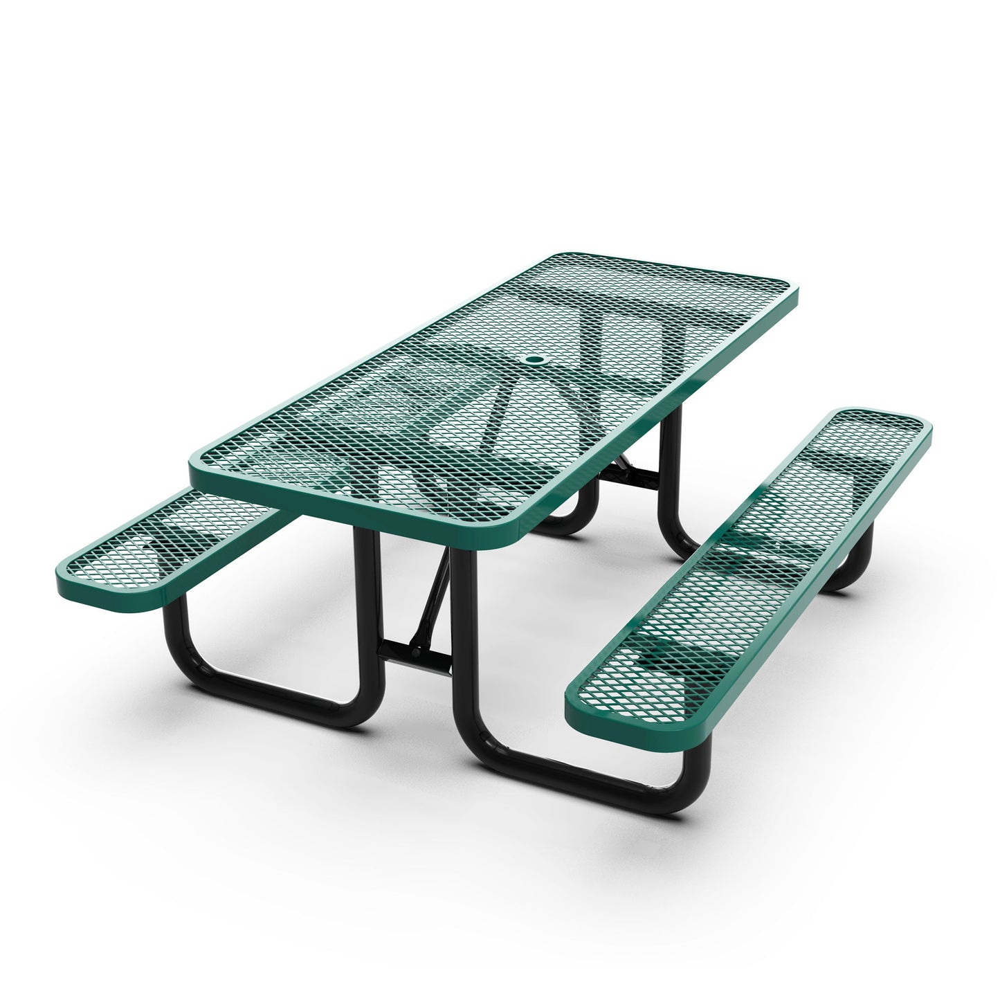 Mantilla 6' Rectangular Outdoor Picnic Table with Commercial Heavy Gauge Green Expanded Metal Mesh Top and Seats and Black Steel Frame Green