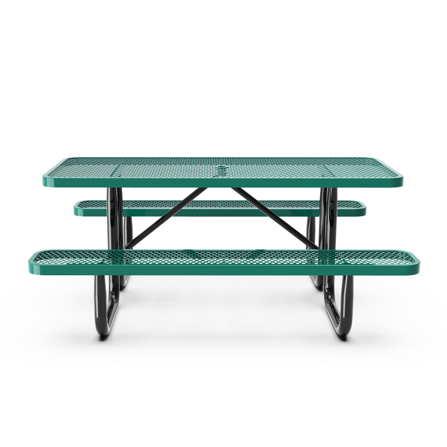 Mantilla 6' Rectangular Outdoor Picnic Table with Commercial Heavy Gauge Green Expanded Metal Mesh Top and Seats and Black Steel Frame Green
