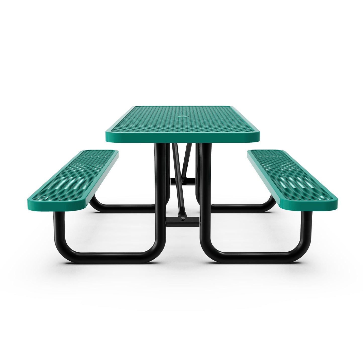 Mantilla 6' Rectangular Outdoor Picnic Table with Commercial Heavy Gauge Green Expanded Metal Mesh Top and Seats and Black Steel Frame Green