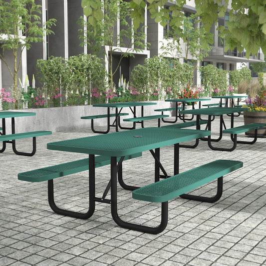 Mantilla 6' Rectangular Outdoor Picnic Table with Commercial Heavy Gauge Green Expanded Metal Mesh Top and Seats and Black Steel Frame Green