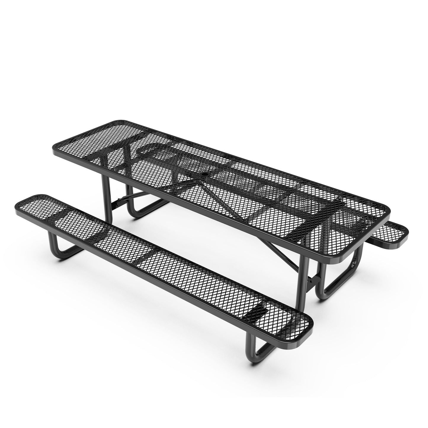 Mantilla 8' Rectangular Outdoor Picnic Table with Commercial Heavy Gauge Expanded Metal Mesh Top and Seats and Steel Frame in Black Black