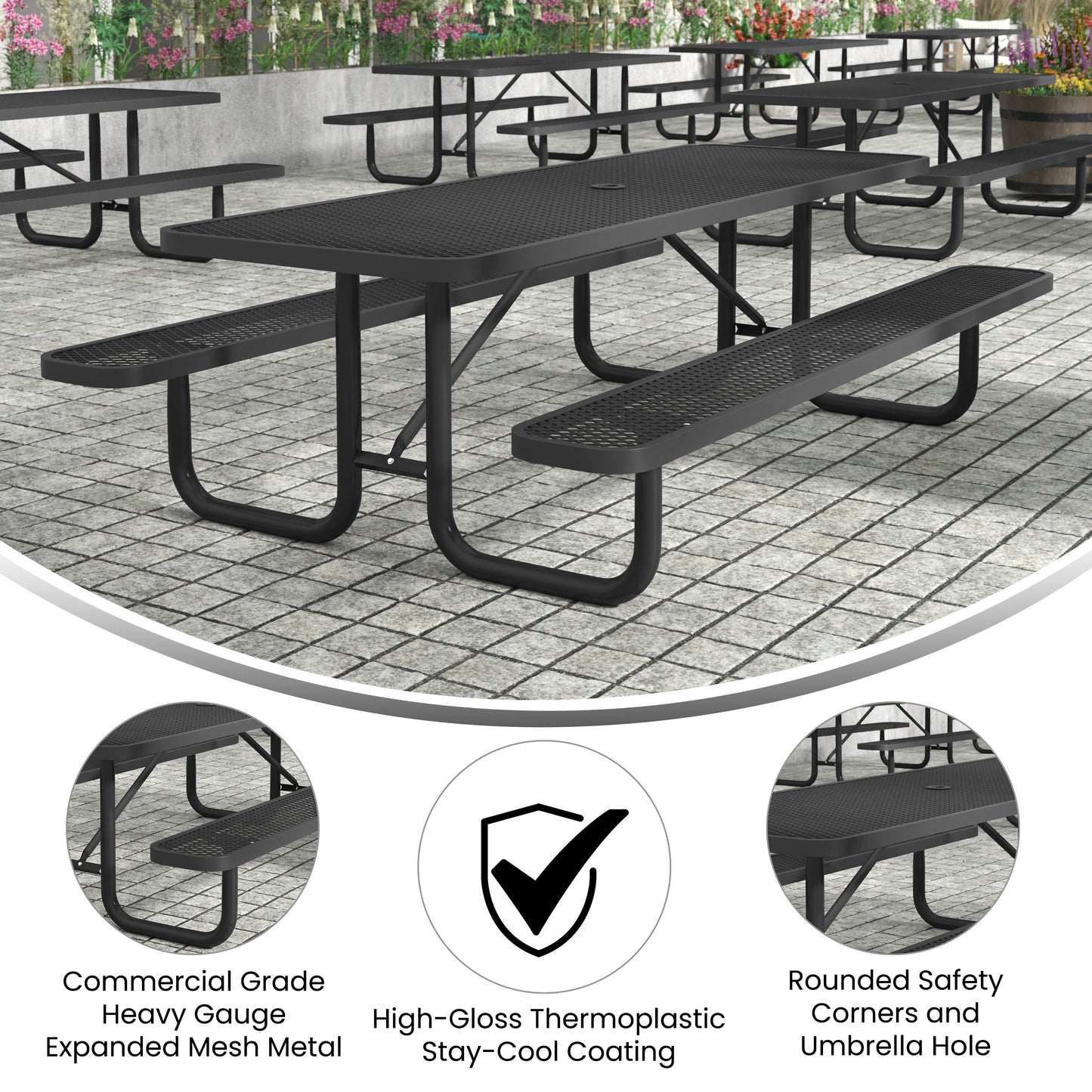 Mantilla 8' Rectangular Outdoor Picnic Table with Commercial Heavy Gauge Expanded Metal Mesh Top and Seats and Steel Frame in Black Black