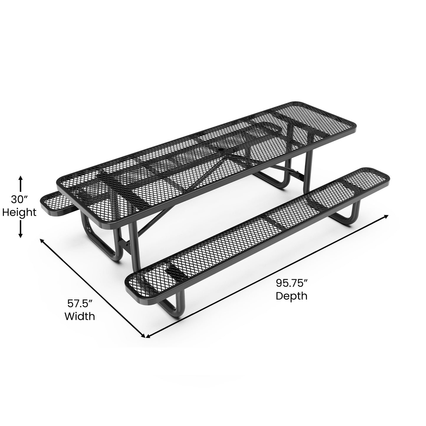 Mantilla 8' Rectangular Outdoor Picnic Table with Commercial Heavy Gauge Expanded Metal Mesh Top and Seats and Steel Frame in Black Black