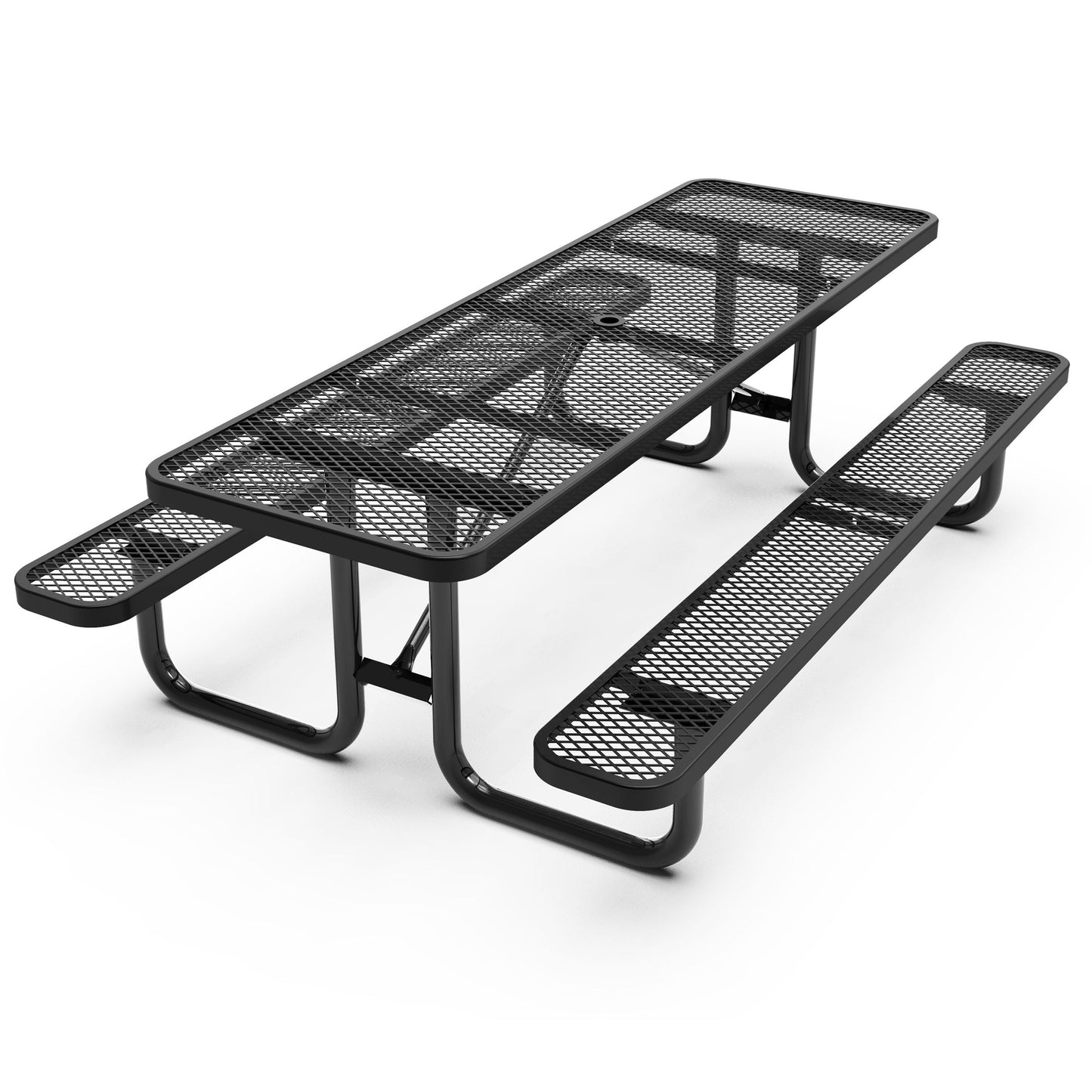Mantilla 8' Rectangular Outdoor Picnic Table with Commercial Heavy Gauge Expanded Metal Mesh Top and Seats and Steel Frame in Black Black