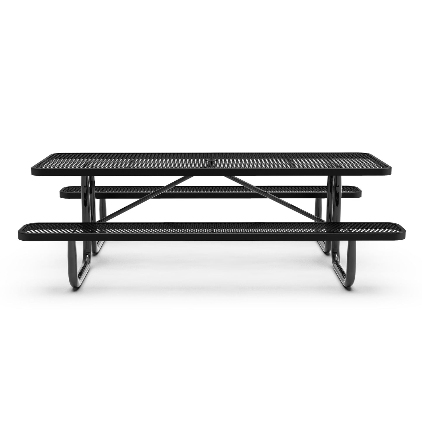 Mantilla 8' Rectangular Outdoor Picnic Table with Commercial Heavy Gauge Expanded Metal Mesh Top and Seats and Steel Frame in Black Black
