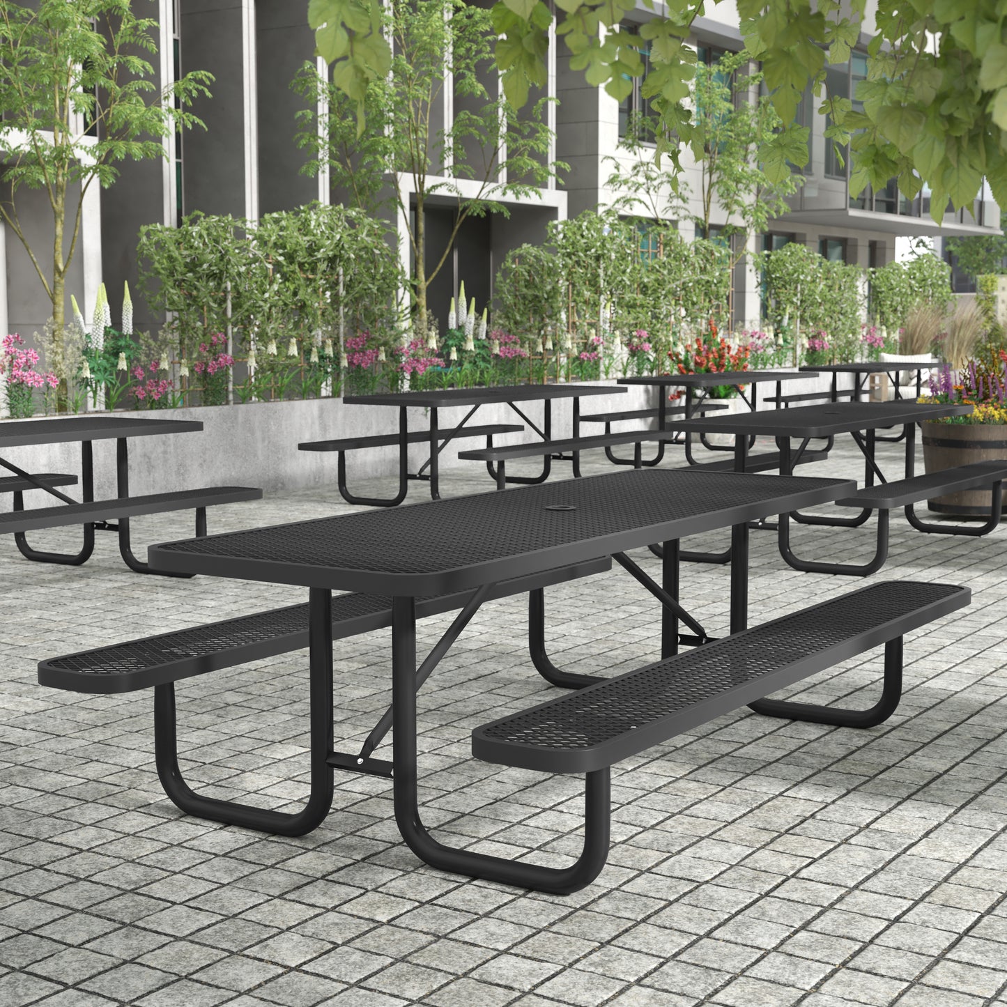 Mantilla 8' Rectangular Outdoor Picnic Table with Commercial Heavy Gauge Expanded Metal Mesh Top and Seats and Steel Frame in Black Black