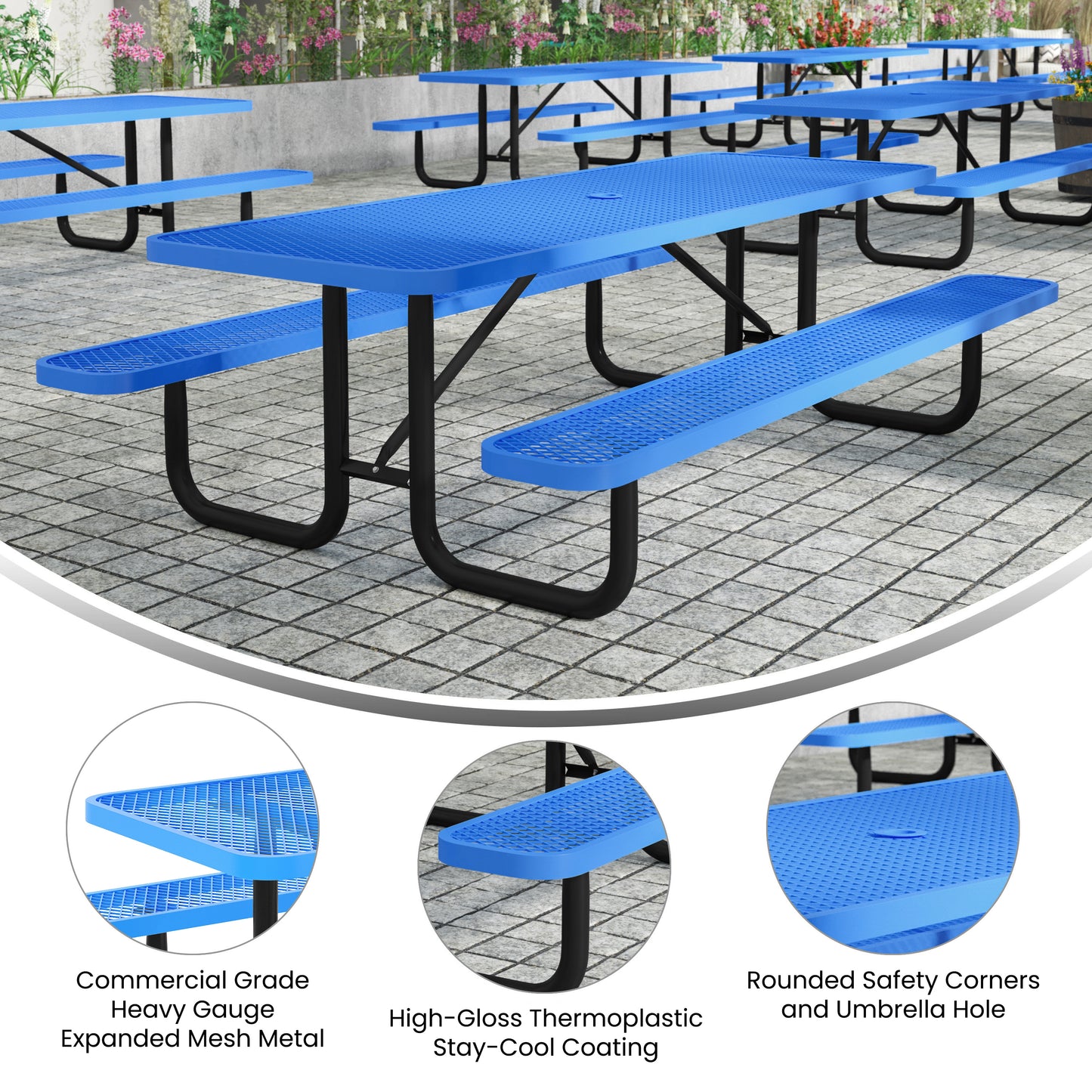 Mantilla 8' Rectangular Outdoor Picnic Table with Commercial Heavy Gauge Expanded Metal Mesh Top and Seats and Steel Frame in Blue Blue