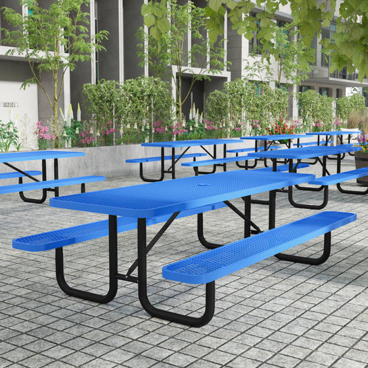 Mantilla 8' Rectangular Outdoor Picnic Table with Commercial Heavy Gauge Expanded Metal Mesh Top and Seats and Steel Frame in Blue Blue