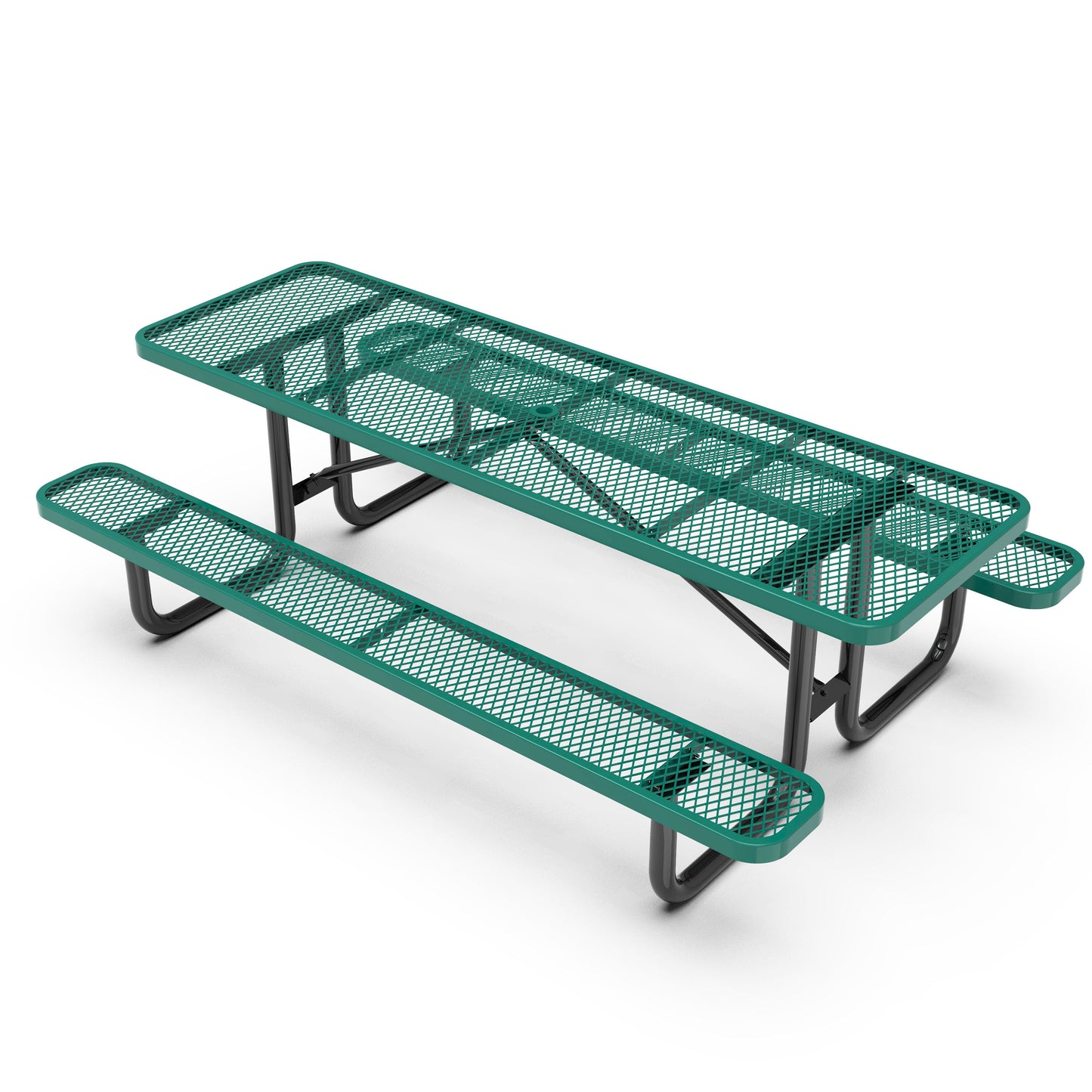 Mantilla 8' Rectangular Outdoor Picnic Table with Commercial Heavy Gauge Green Expanded Metal Mesh Top and Seats and Black Steel Frame Green