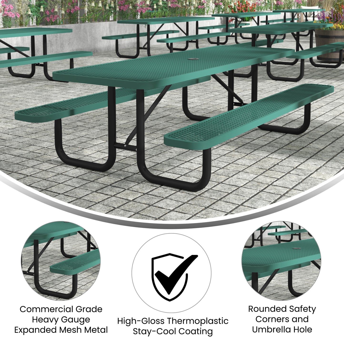 Mantilla 8' Rectangular Outdoor Picnic Table with Commercial Heavy Gauge Green Expanded Metal Mesh Top and Seats and Black Steel Frame Green