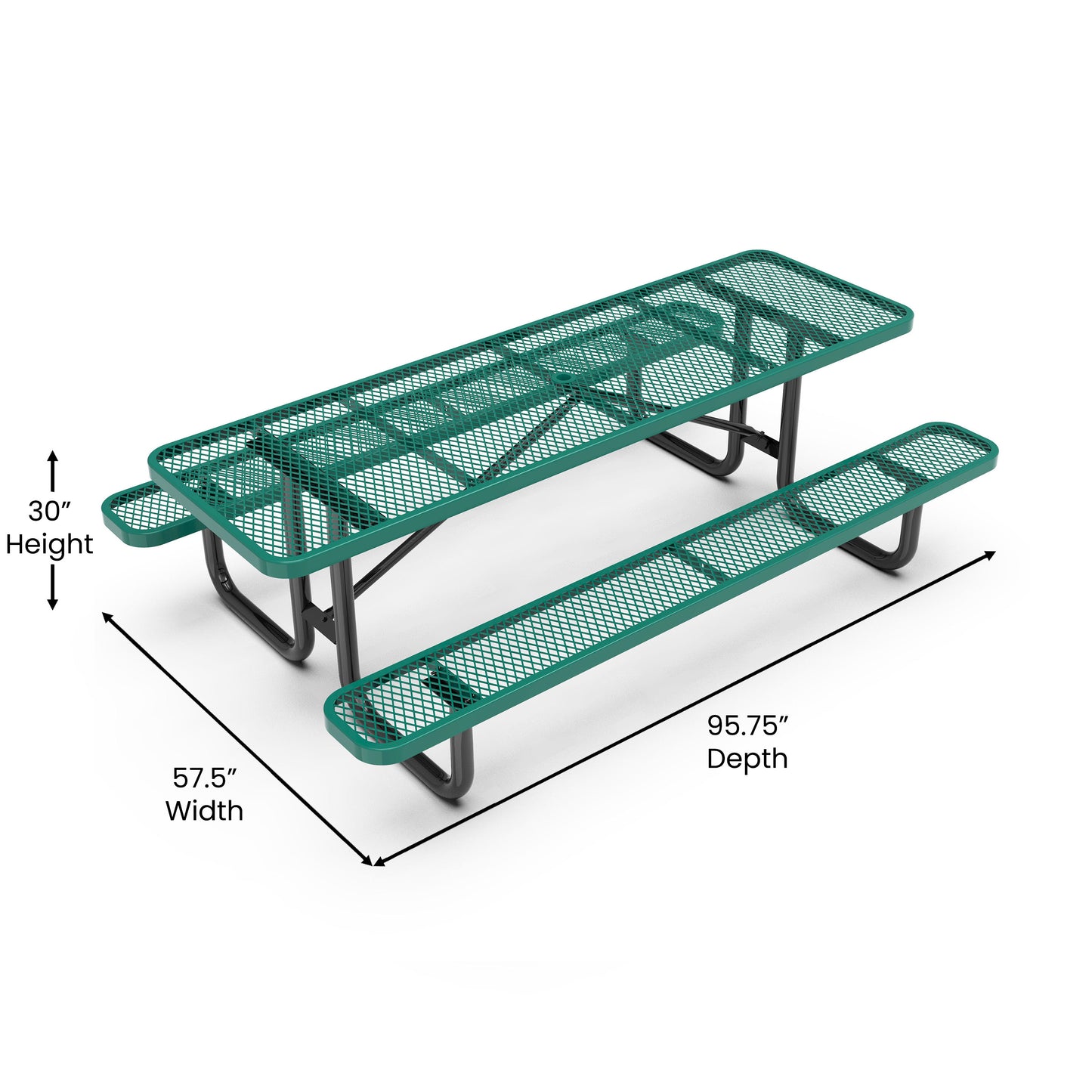 Mantilla 8' Rectangular Outdoor Picnic Table with Commercial Heavy Gauge Green Expanded Metal Mesh Top and Seats and Black Steel Frame Green