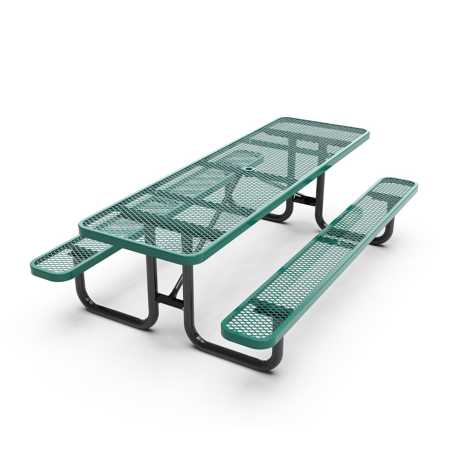 Mantilla 8' Rectangular Outdoor Picnic Table with Commercial Heavy Gauge Green Expanded Metal Mesh Top and Seats and Black Steel Frame Green