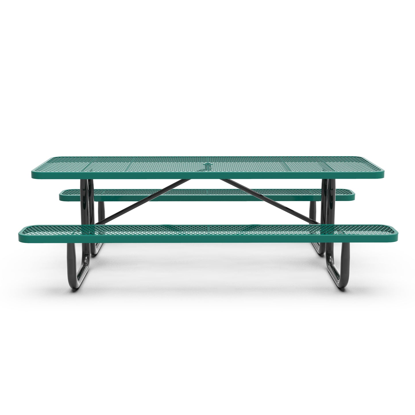 Mantilla 8' Rectangular Outdoor Picnic Table with Commercial Heavy Gauge Green Expanded Metal Mesh Top and Seats and Black Steel Frame Green