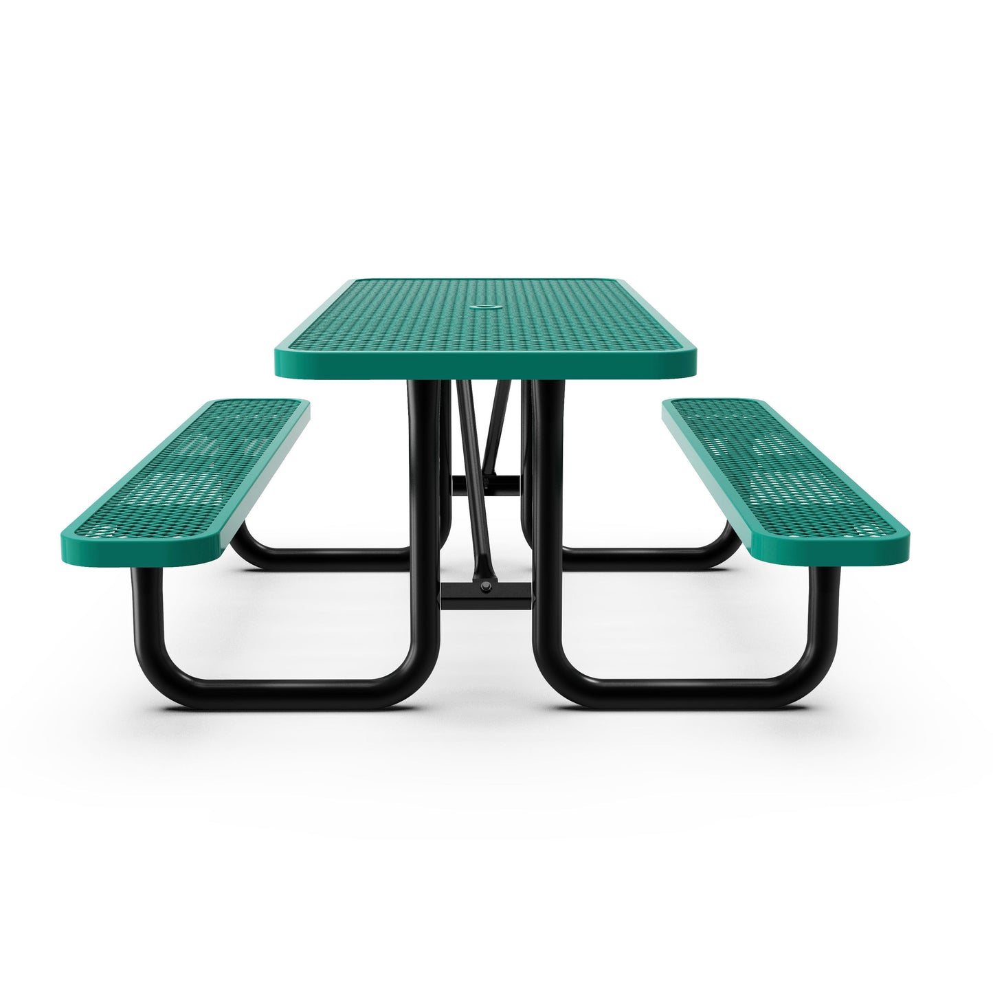 Mantilla 8' Rectangular Outdoor Picnic Table with Commercial Heavy Gauge Green Expanded Metal Mesh Top and Seats and Black Steel Frame Green