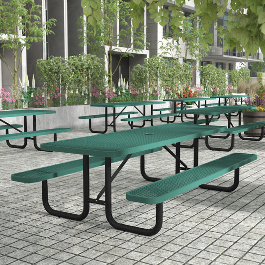 Mantilla 8' Rectangular Outdoor Picnic Table with Commercial Heavy Gauge Green Expanded Metal Mesh Top and Seats and Black Steel Frame Green