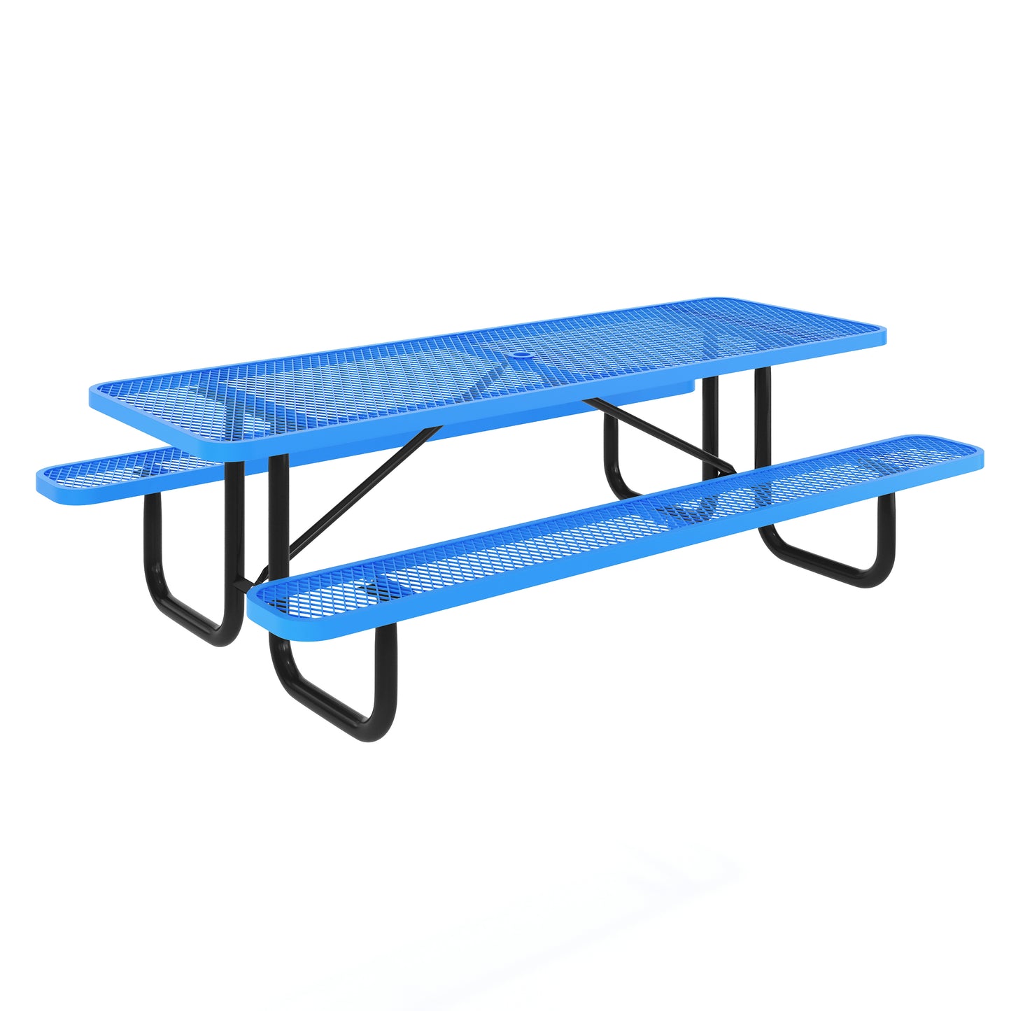 Mantilla 8' Rectangular Outdoor Picnic Table with Commercial Heavy Gauge Expanded Metal Mesh Top and Seats and Steel Frame with Ground Anchors in Blue Blue