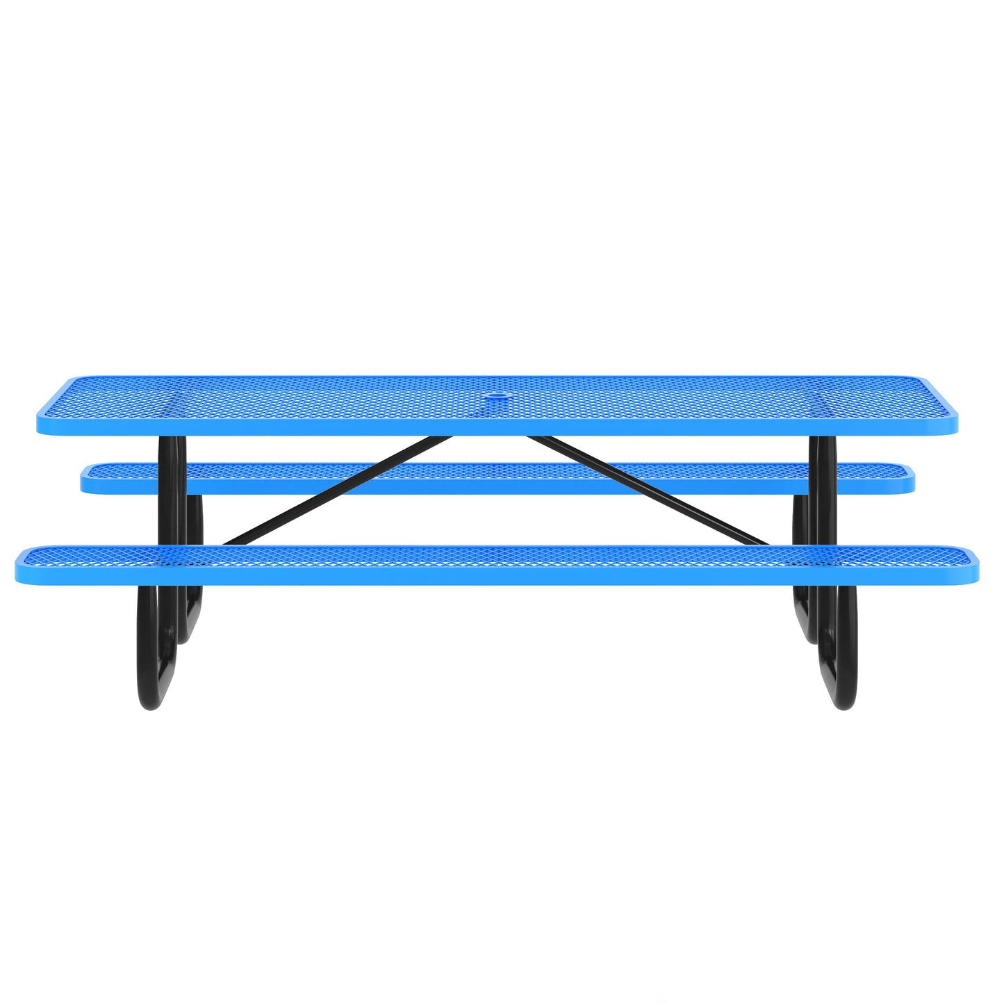 Mantilla 8' Rectangular Outdoor Picnic Table with Commercial Heavy Gauge Expanded Metal Mesh Top and Seats and Steel Frame with Ground Anchors in Blue Blue