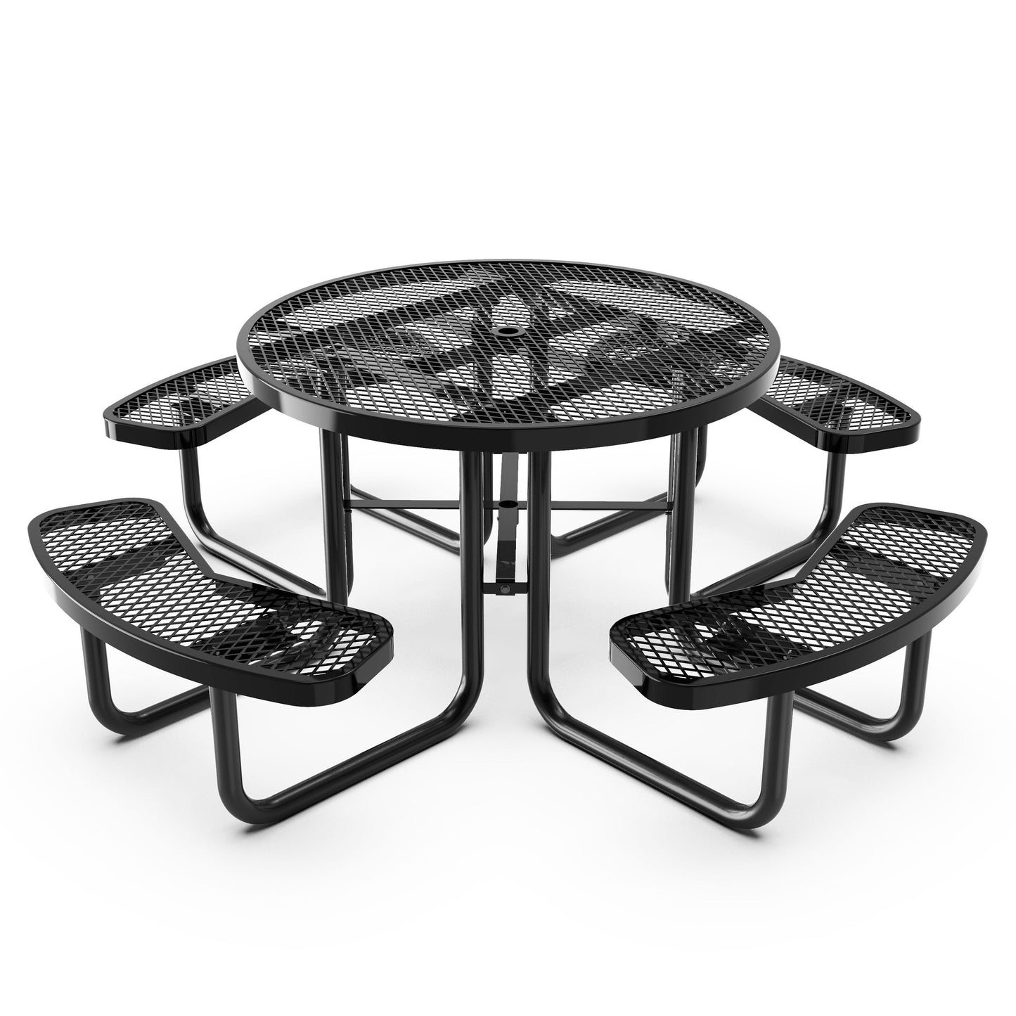 Creekside 46" Round Outdoor Picnic Table with Commercial Heavy Gauge Expanded Metal Mesh Seats and Top with Umbrella Hole, Steel Frame Black