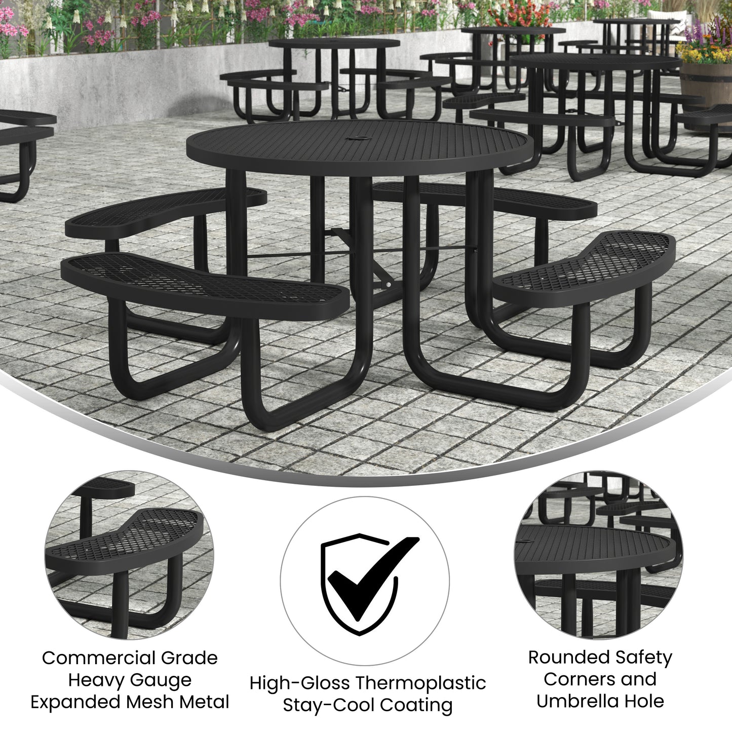 Creekside 46" Round Outdoor Picnic Table with Commercial Heavy Gauge Expanded Metal Mesh Seats and Top with Umbrella Hole, Steel Frame Black