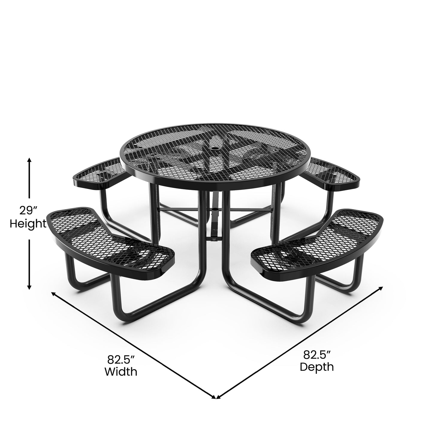 Creekside 46" Round Outdoor Picnic Table with Commercial Heavy Gauge Expanded Metal Mesh Seats and Top with Umbrella Hole, Steel Frame Black