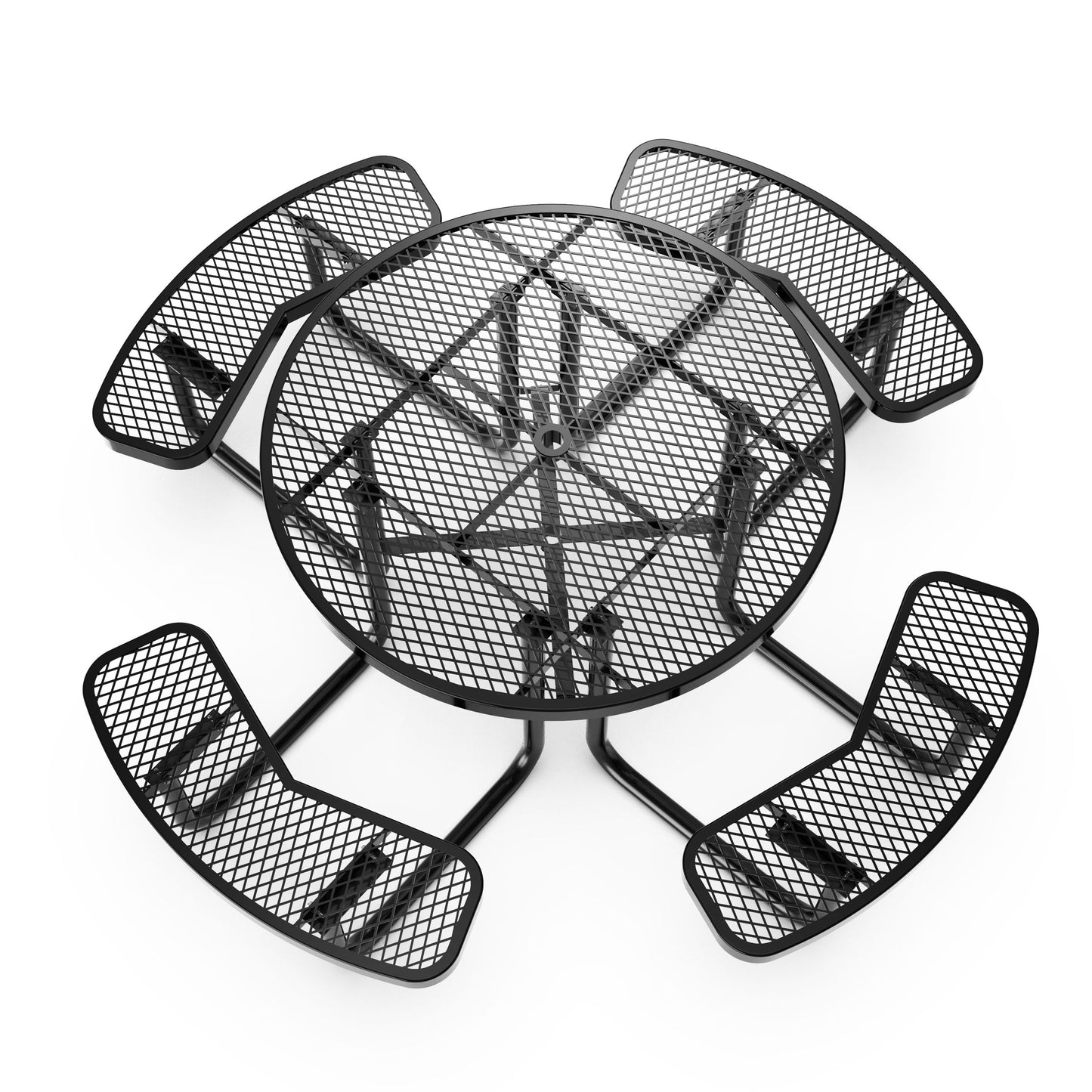 Creekside 46" Round Outdoor Picnic Table with Commercial Heavy Gauge Expanded Metal Mesh Seats and Top with Umbrella Hole, Steel Frame Black