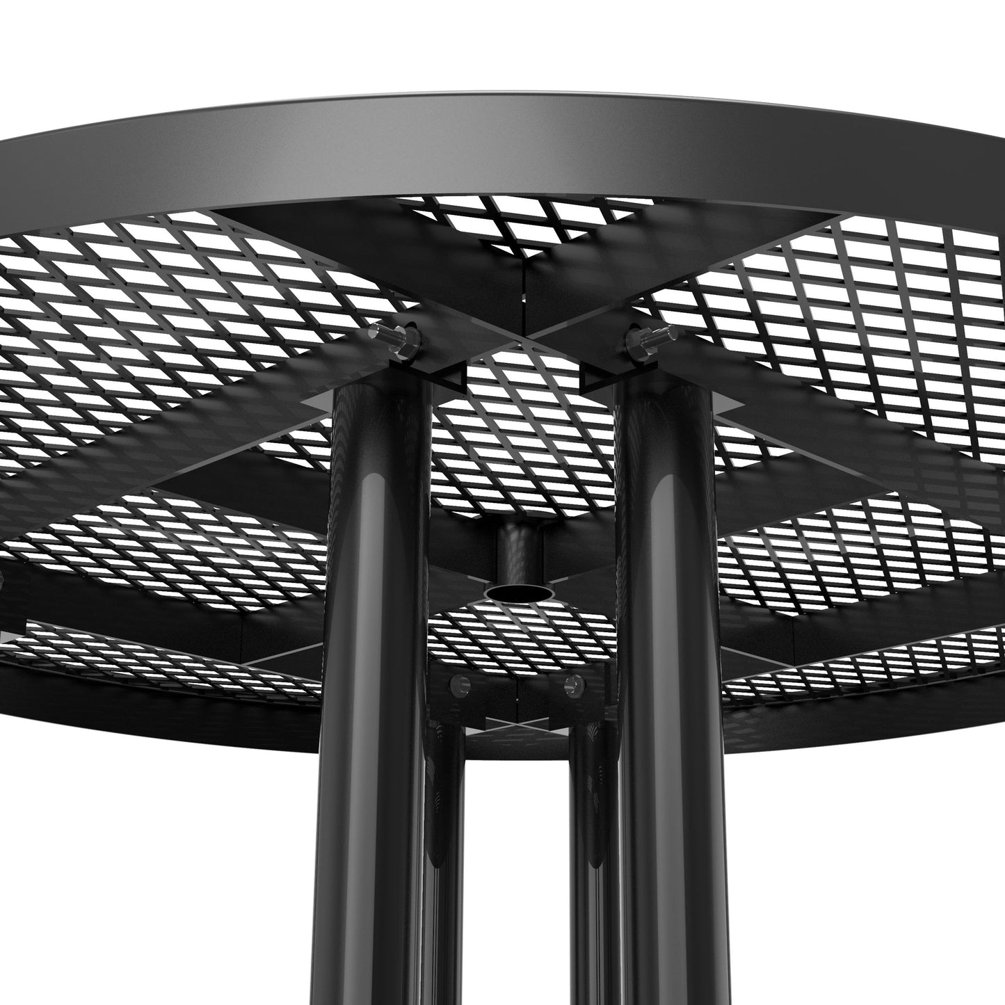Creekside 46" Round Outdoor Picnic Table with Commercial Heavy Gauge Expanded Metal Mesh Seats and Top with Umbrella Hole, Steel Frame Black