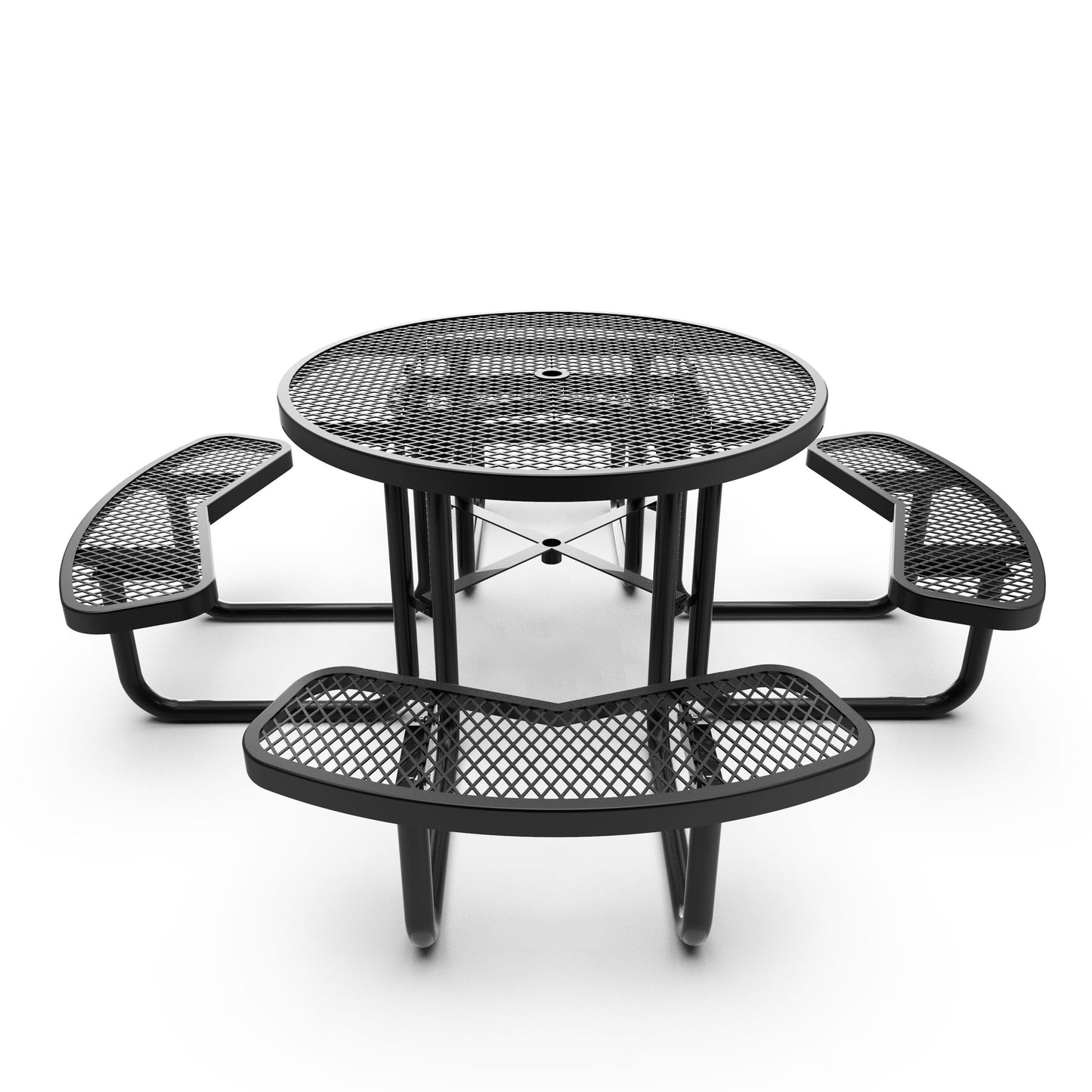 Creekside 46" Round Outdoor Picnic Table with Commercial Heavy Gauge Expanded Metal Mesh Seats and Top with Umbrella Hole, Steel Frame Black