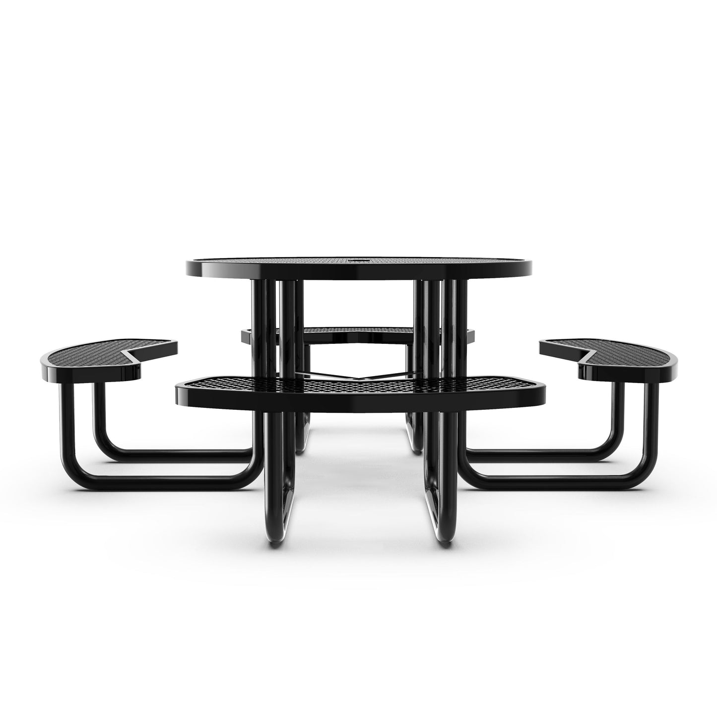 Creekside 46" Round Outdoor Picnic Table with Commercial Heavy Gauge Expanded Metal Mesh Seats and Top with Umbrella Hole, Steel Frame Black