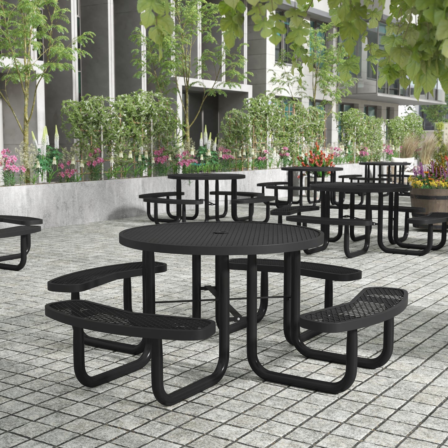 Creekside 46" Round Outdoor Picnic Table with Commercial Heavy Gauge Expanded Metal Mesh Seats and Top with Umbrella Hole, Steel Frame Black