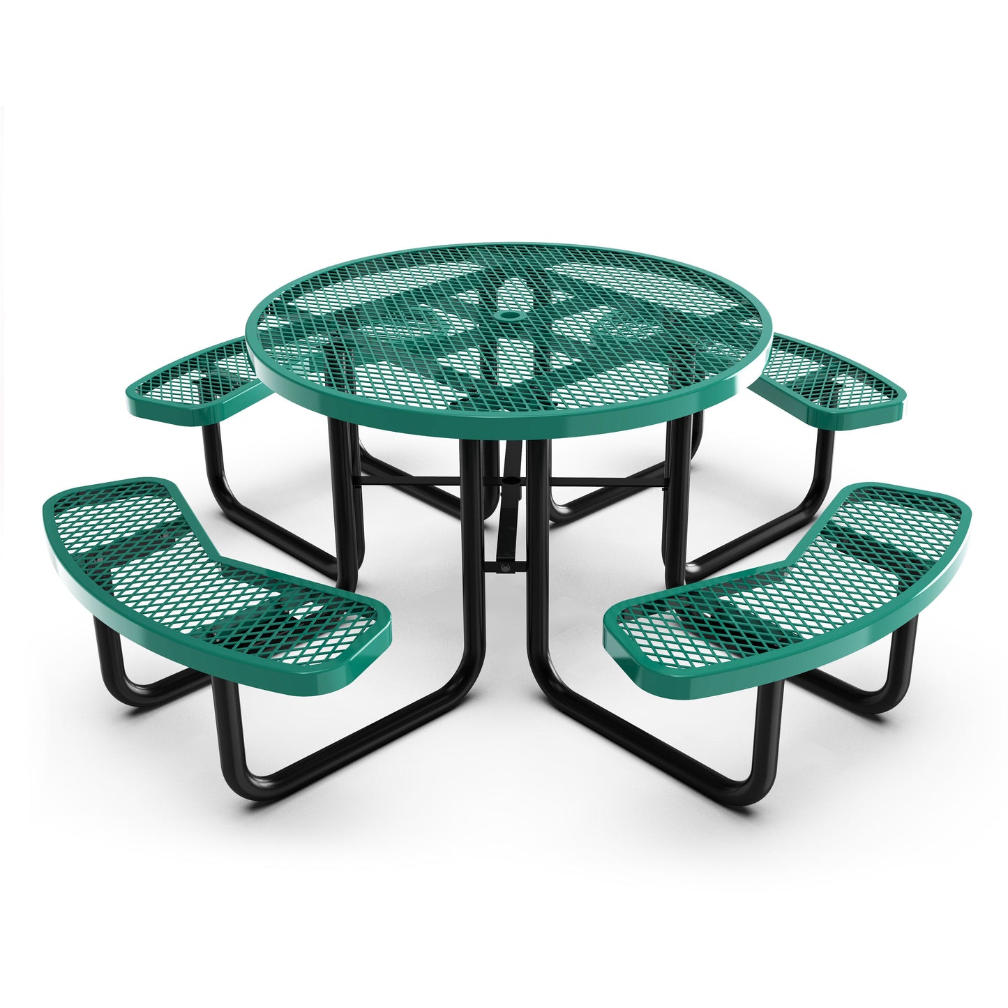 Creekside 46" Round Outdoor Picnic Table with Commercial Grade Heavy Gauge Green Expanded Metal Mesh Top and Seats and Black Steel Frame Green
