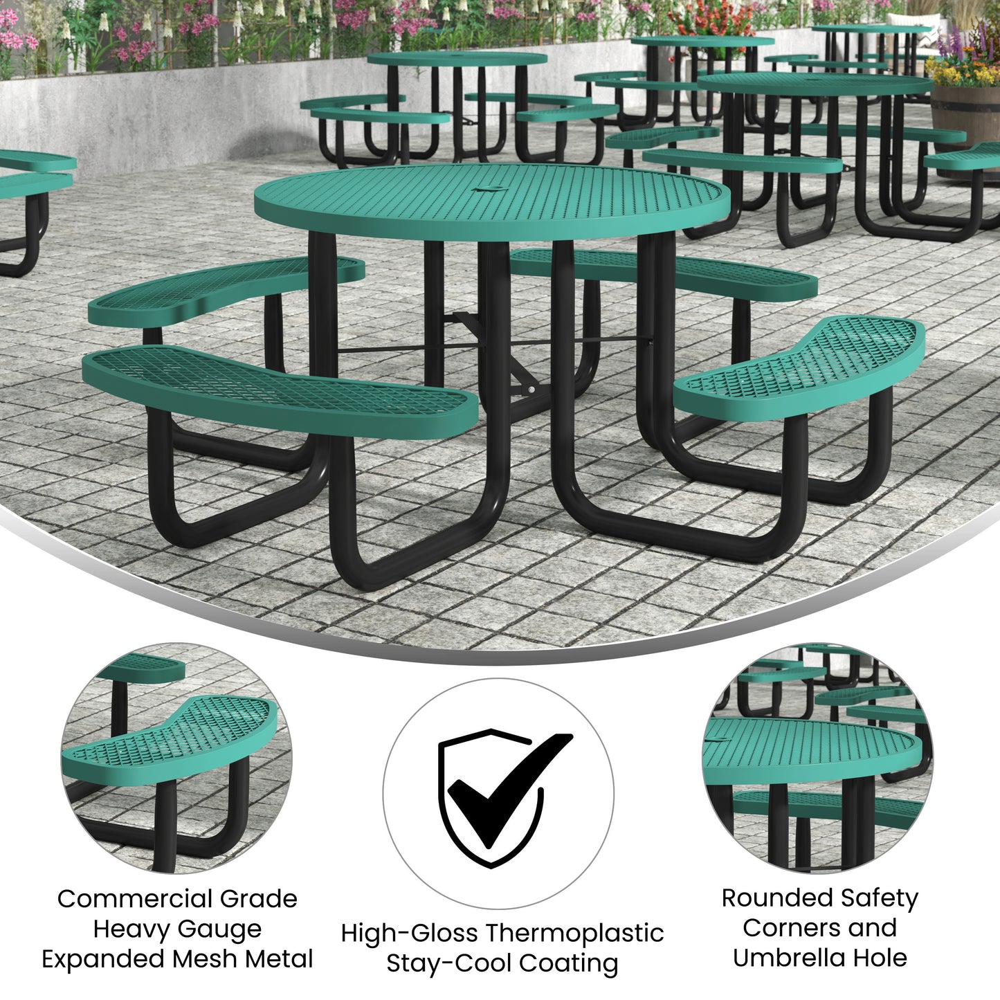 Creekside 46" Round Outdoor Picnic Table with Commercial Grade Heavy Gauge Green Expanded Metal Mesh Top and Seats and Black Steel Frame Green