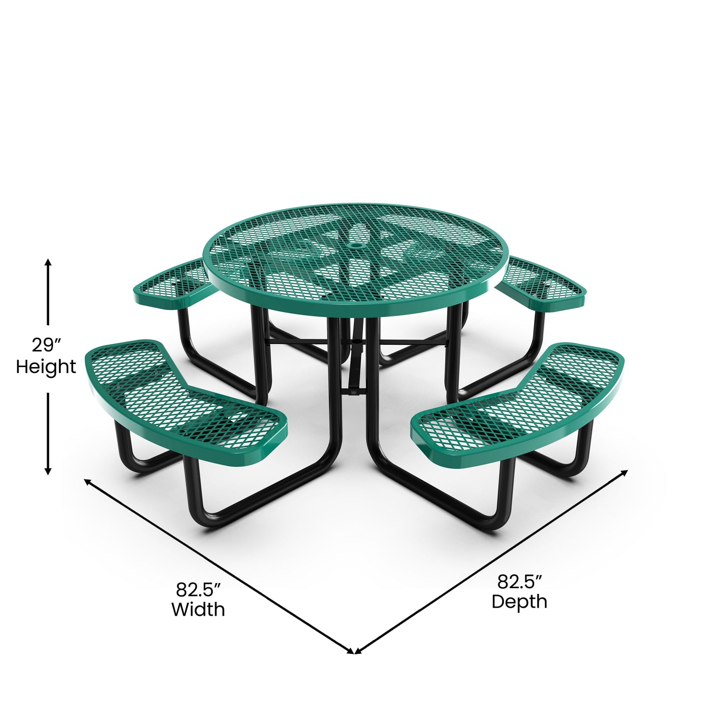 Creekside 46" Round Outdoor Picnic Table with Commercial Grade Heavy Gauge Green Expanded Metal Mesh Top and Seats and Black Steel Frame Green