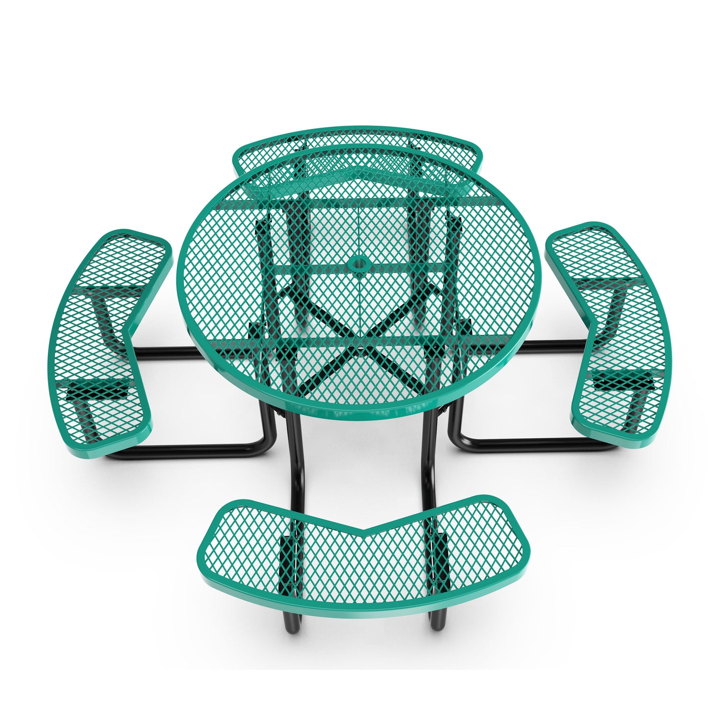 Creekside 46" Round Outdoor Picnic Table with Commercial Grade Heavy Gauge Green Expanded Metal Mesh Top and Seats and Black Steel Frame Green