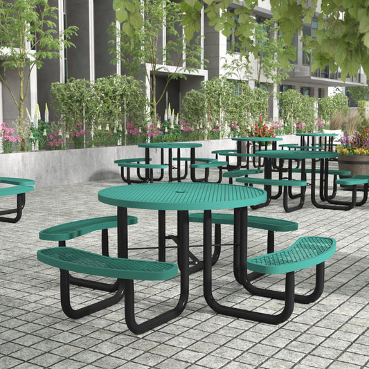 Creekside 46" Round Outdoor Picnic Table with Commercial Grade Heavy Gauge Green Expanded Metal Mesh Top and Seats and Black Steel Frame Green