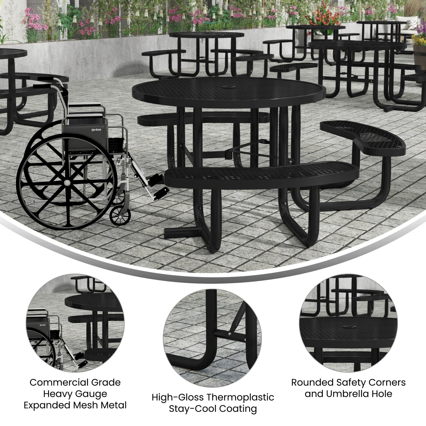Creekside 46" Round Wheelchair Accessible Commercial Outdoor Picnic Table with Heavy Gauge Expanded Metal Mesh Seats and Top with Umbrella Hole, Black Black