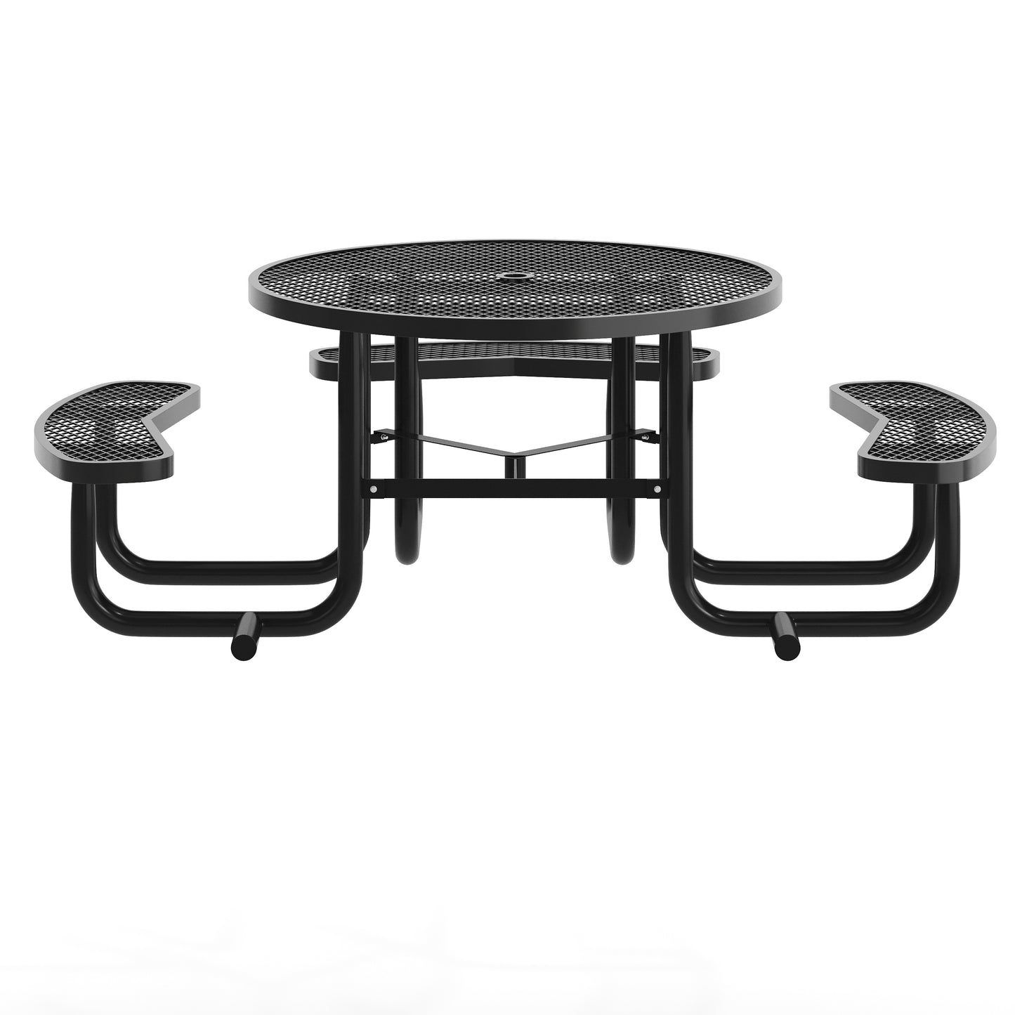 Creekside 46" Round Wheelchair Accessible Commercial Outdoor Picnic Table with Heavy Gauge Expanded Metal Mesh Seats and Top with Umbrella Hole, Black Black