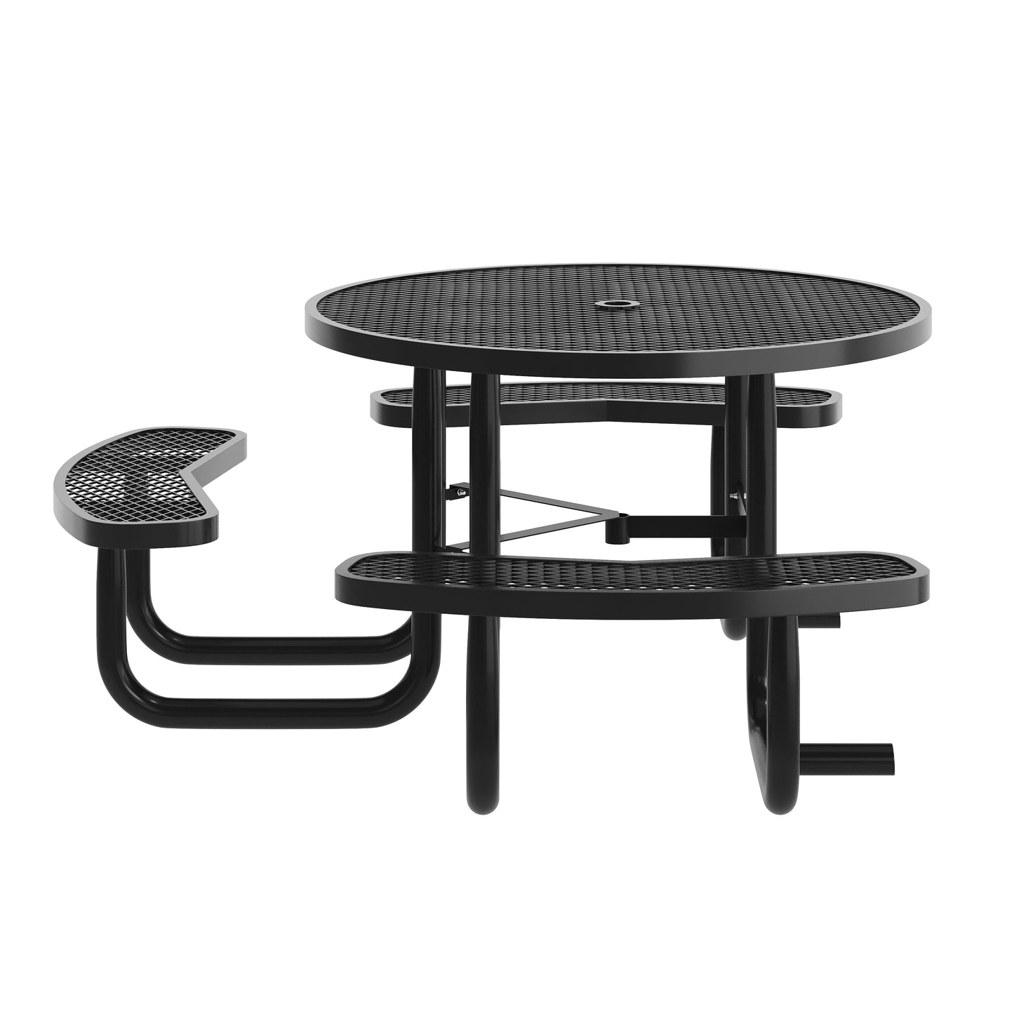 Creekside 46" Round Wheelchair Accessible Commercial Outdoor Picnic Table with Heavy Gauge Expanded Metal Mesh Seats and Top with Umbrella Hole, Black Black