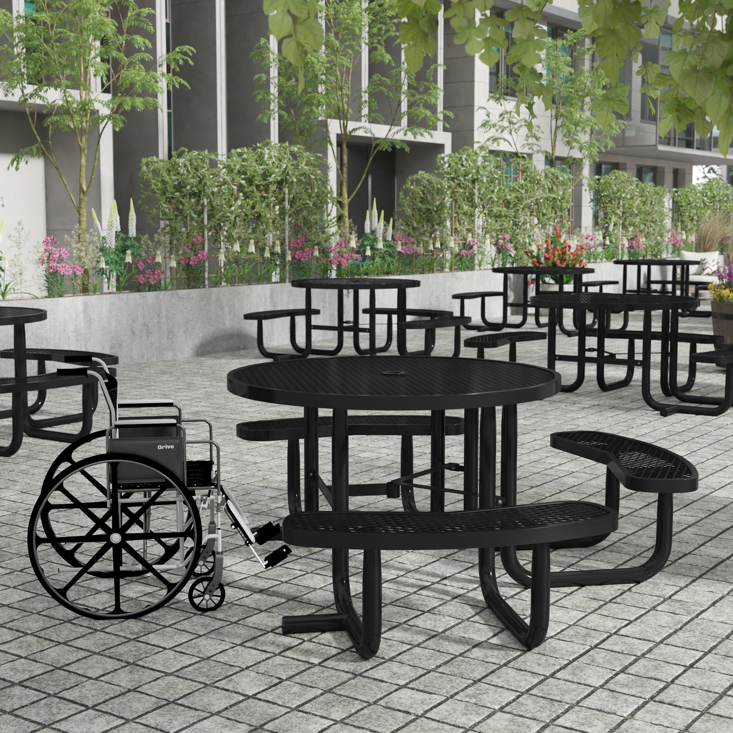 Creekside 46" Round Wheelchair Accessible Commercial Outdoor Picnic Table with Heavy Gauge Expanded Metal Mesh Seats and Top with Umbrella Hole, Black Black