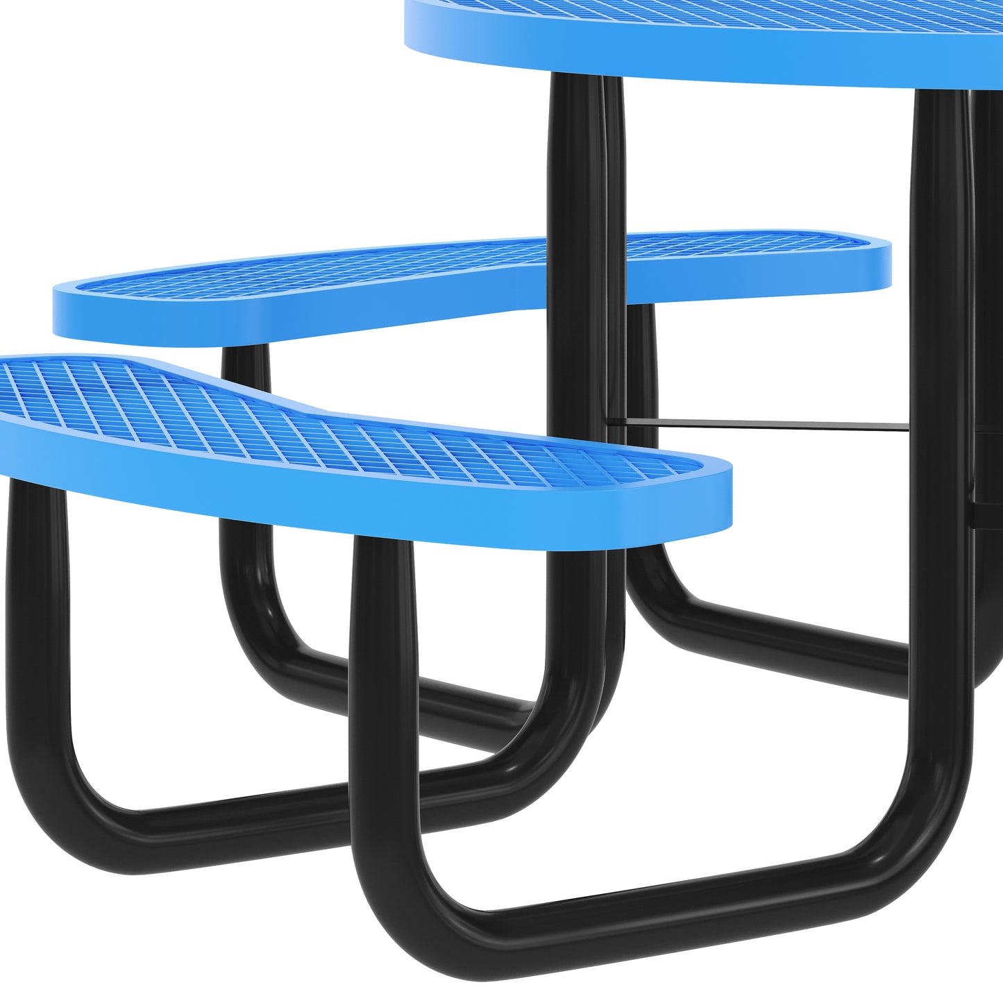 Creekside 46" Round Wheelchair Accessible Commercial Outdoor Picnic Table with Heavy Gauge Expanded Metal Mesh Seats and Top with Umbrella Hole, Blue Blue