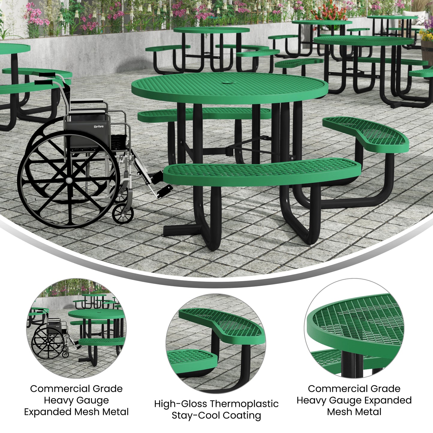 Creekside 46" Round Wheelchair Accessible Commercial Outdoor Picnic Table with Heavy Gauge Expanded Metal Mesh Seats and Top with Umbrella Hole, Green Green