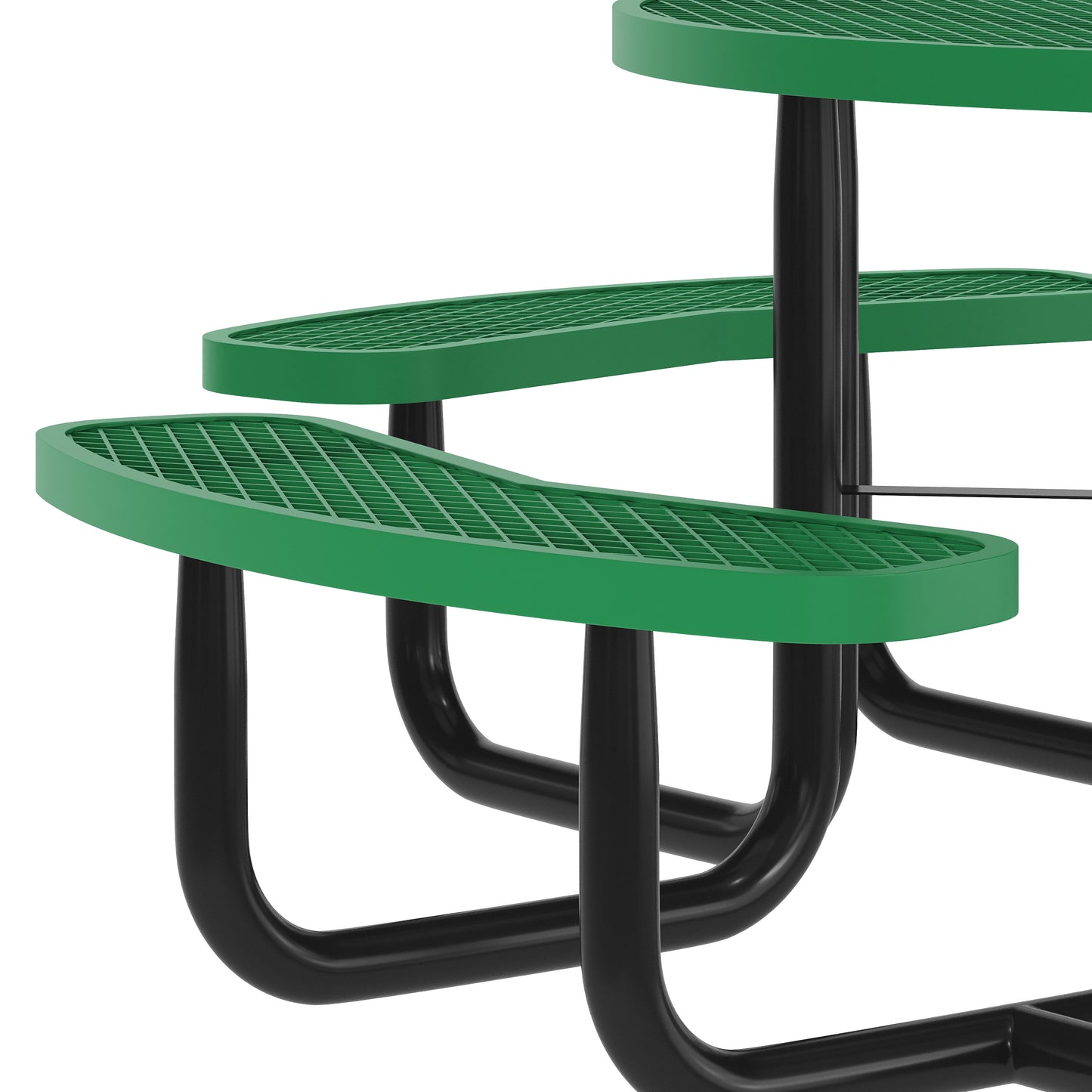 Creekside 46" Round Wheelchair Accessible Commercial Outdoor Picnic Table with Heavy Gauge Expanded Metal Mesh Seats and Top with Umbrella Hole, Green Green