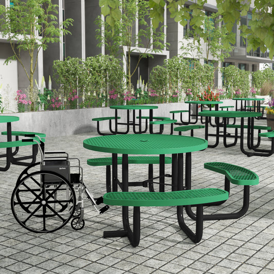 Creekside 46" Round Wheelchair Accessible Commercial Outdoor Picnic Table with Heavy Gauge Expanded Metal Mesh Seats and Top with Umbrella Hole, Green Green