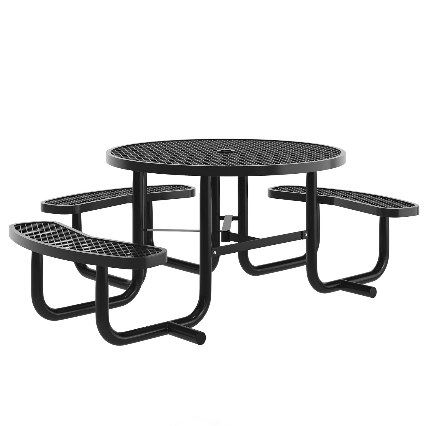 Creekside 46" Round Wheelchair Accessible Outdoor Picnic Table with Expanded Metal Mesh Seats and Top with Umbrella Hole and Ground Anchors, Black Black